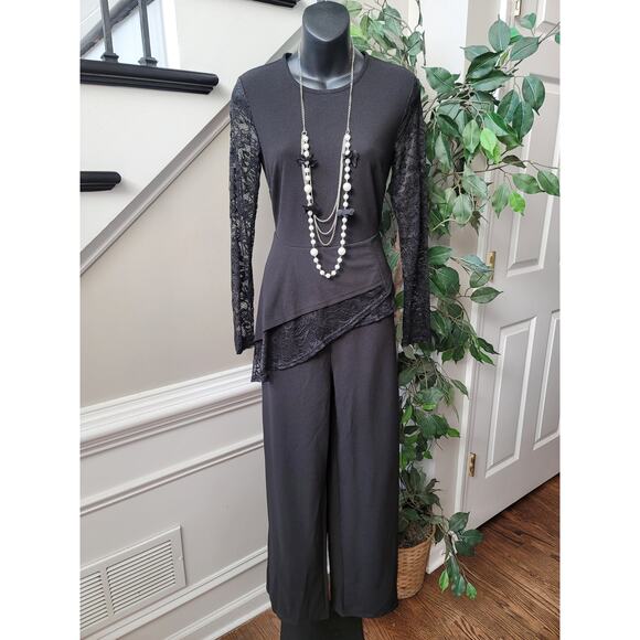 Women's Jumpsuit Small Black Lace Long Sleeve Asymmetrical Hem Wide Leg Evening - Picture 2 of 16